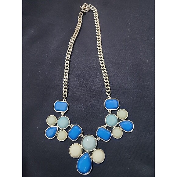 Chunky Statement Fashion Necklace Gold Tone With Blue/Green/White Acrylic Set - Picture 1 of 6